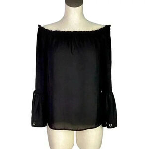 Haute Project Womens M Off Shoulder Raglan Bell Sleeve Top Relaxed Crepe Black